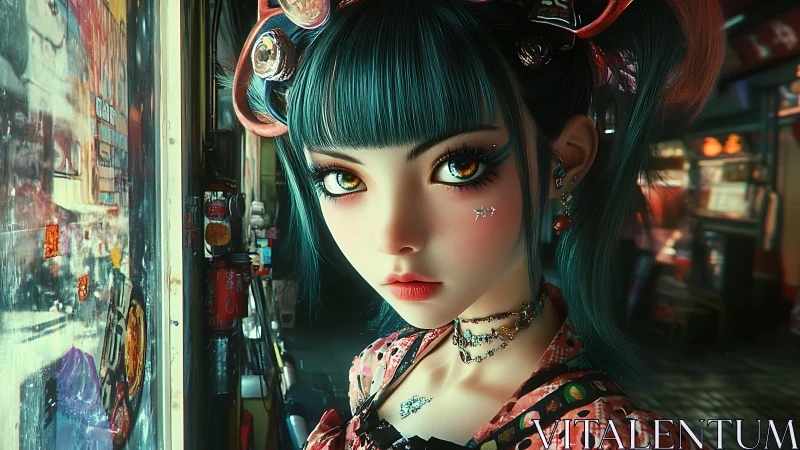 Cyberpunk street portrait of stylized girl at night scene.