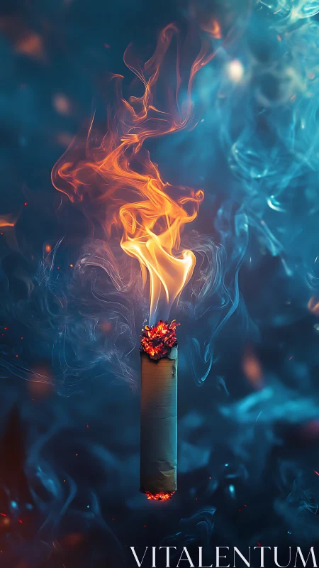 Burning cigarette hangs in swirling blue smoke and embers