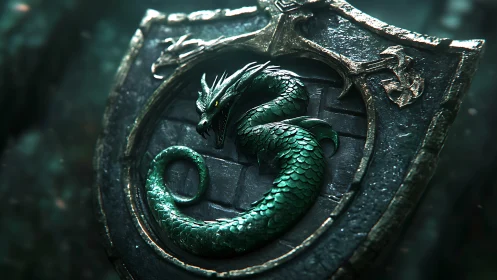 Emerald dragon crest curling proudly on an ancient stone shield.