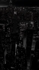 Noir skyline over dense night city grid of lights.