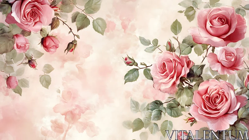Romantic Pink Roses with Soft Watercolor Background.