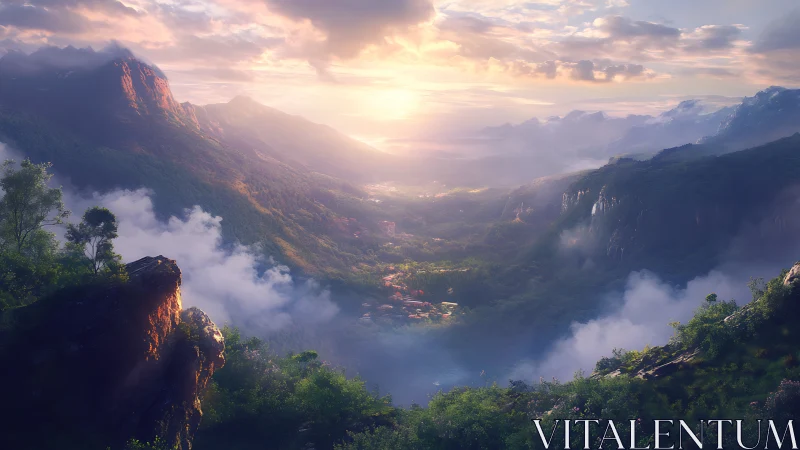 Sunlit mountain valley wrapped in soft morning mist.