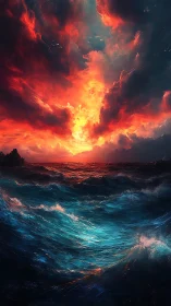 Fiery storm clouds ignite a turbulent, luminescent ocean