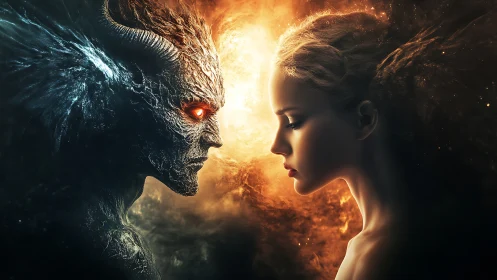 Demonic entity and human woman facing in elemental contrast.