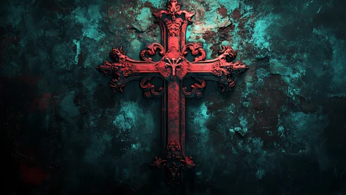 Ornate red cross glowing gently on weathered teal stone.