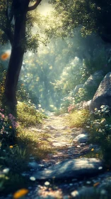 Enchanted Forest Path: Where Sunlight Dances Through Ancient Woods.