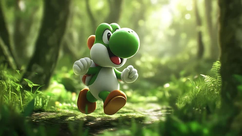 Yoshi character traversing verdant forest corridor with dynamic pose.
