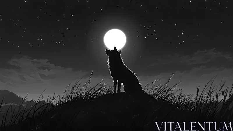 Lone wolf silhouette watches full moon over starlit hills