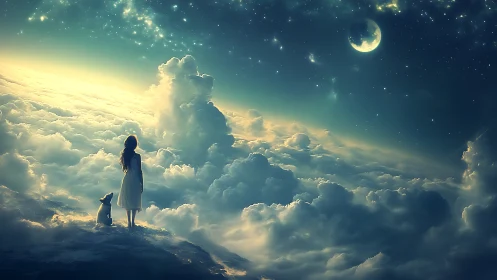 Girl and dog drift above moonlit clouds in lucid dreams.