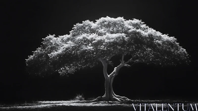 Solitary tree rendered in dramatic monochrome backlighting