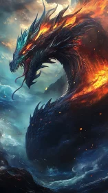 Roaring sea dragon rises in swirling fire and storm