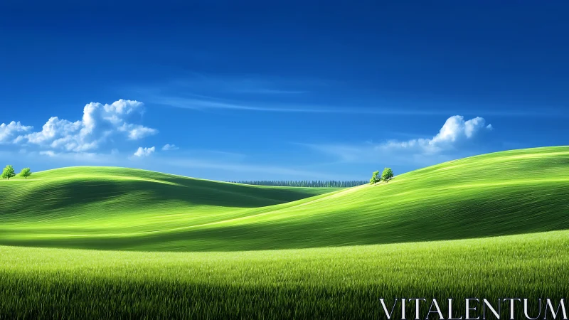 Green rolling hills under clear blue summer sky landscape.