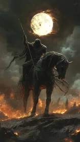 Dread knight on warhorse under burning lunar haloed sky.