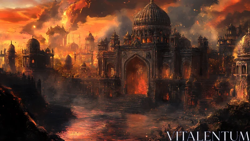 Burning domed city under violent orange storm sky.