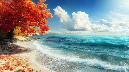 Digital painting of autumn shoreline with luminous turquoise sea.