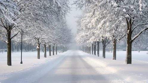 Snowy tree-lined avenue falls silent under a soft winter haze