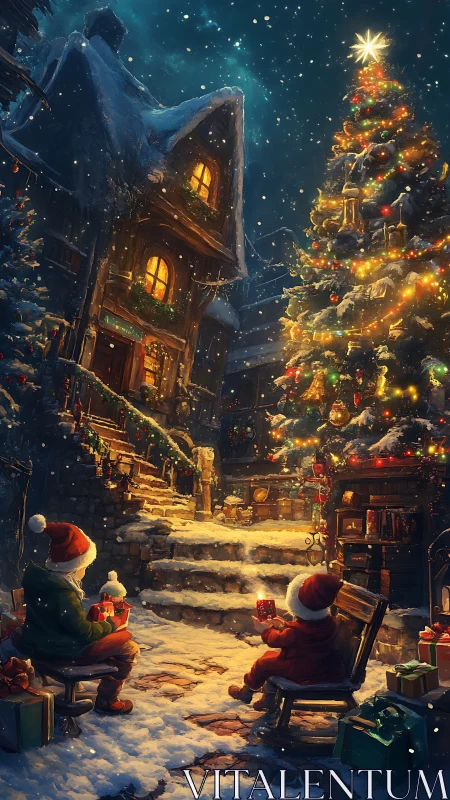 Snowlit village stairway where Christmas stories glow bright.