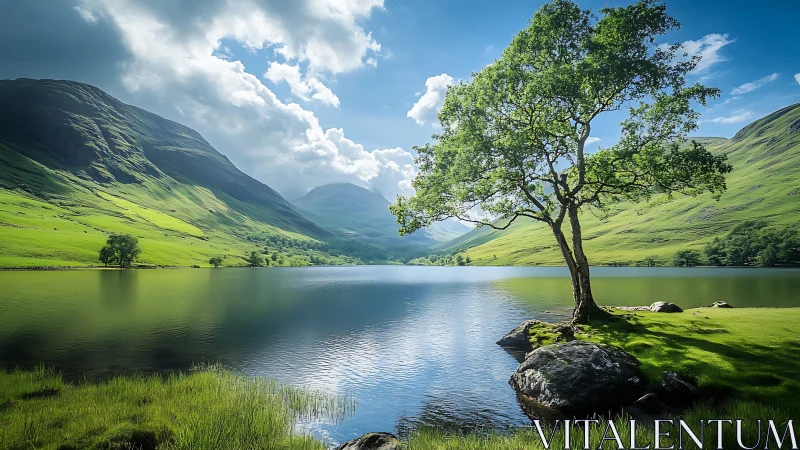 Solitary lakeside tree beside reflective highland reservoir