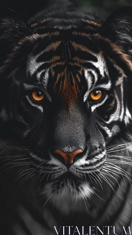 Piercing tiger gaze emerges from dramatic shadowed darkness.