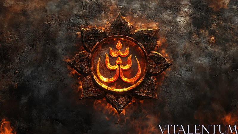Fiery Om emblem within lotus frame on dark textured ground.