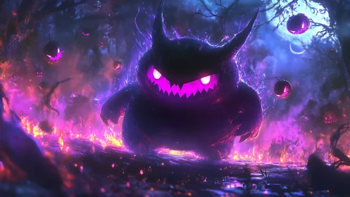 Midnight void monster stomps through neon haunted wildfire