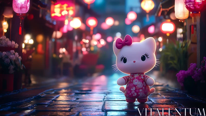 Cartoon cat figure in lantern lit night market street scene.