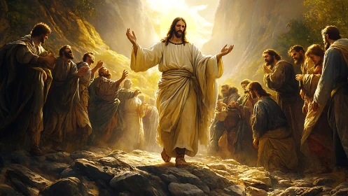 Radiant spiritual leader walking among followers in sunlight.