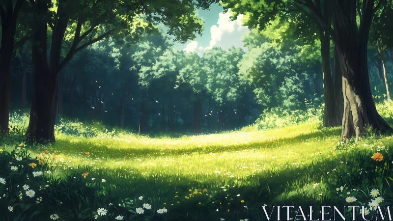 Sunlit Forest Clearing with Wildflowers and Ancient Trees