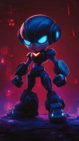 Stylized armored robot character on neon sci fi street.