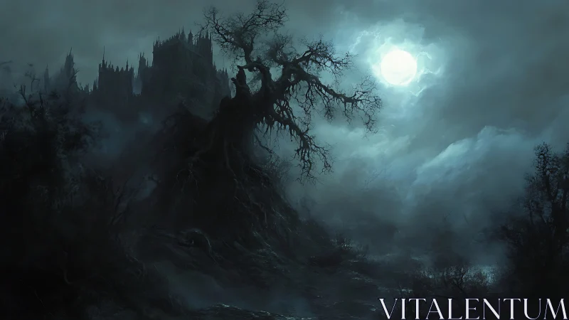Haunted cliff castle under full moon over twisted dead tree.