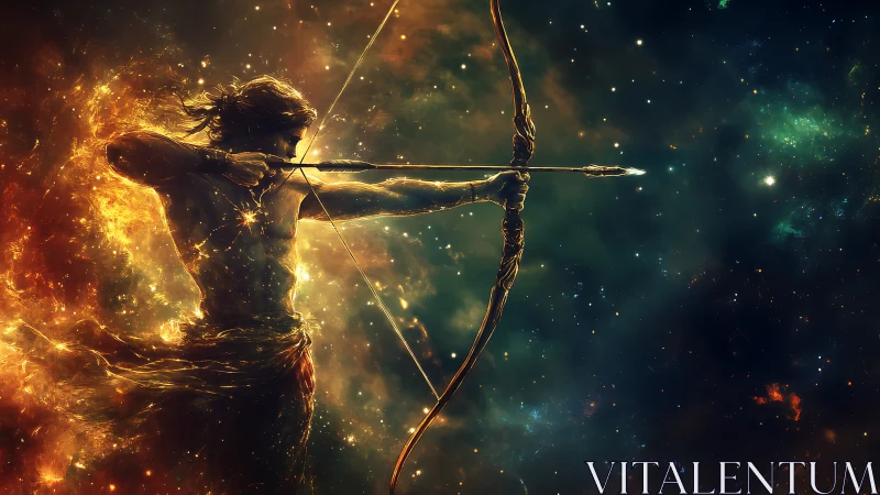 Fiery celestial archer drawing a glowing bow in space.