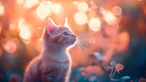 White Cat Gazing Upward Against Warm Bokeh.