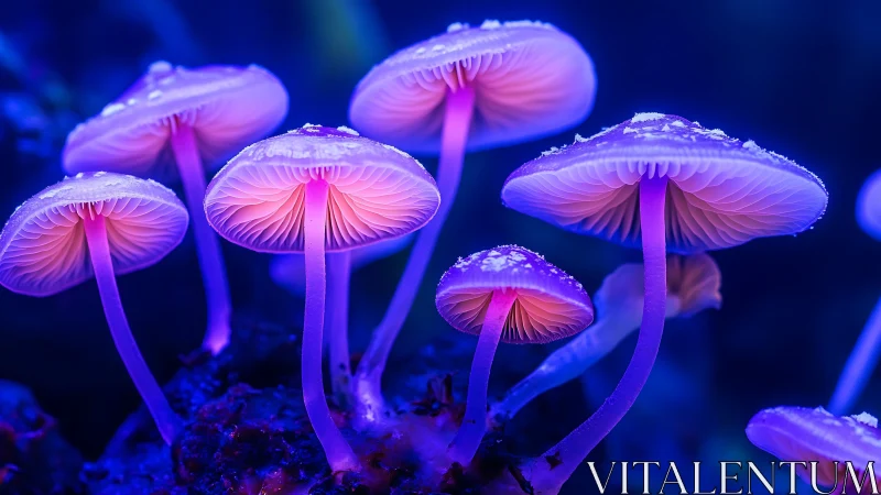 Bioluminescent-style mushrooms under blue and purple light.