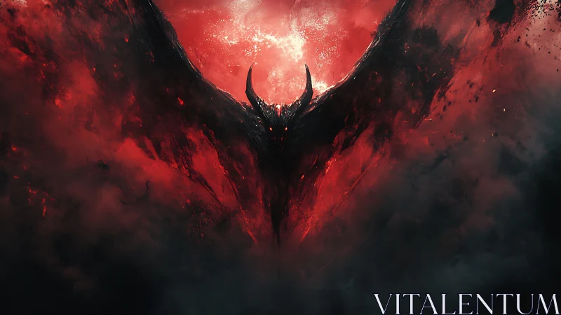 Infernal winged demon silhouette emerges from crimson abyss