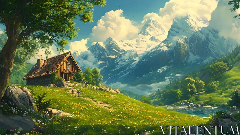 Mountain valley cottage with meadow, river and snowy peaks.