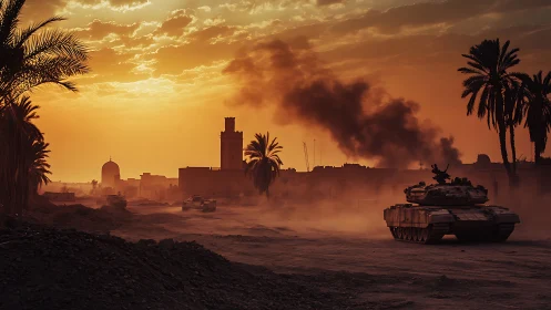 Battle tank advances through dusty desert city at sunset.