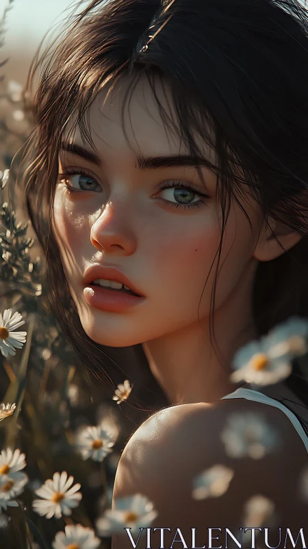 Young woman portrait in soft evening light amid daisies.