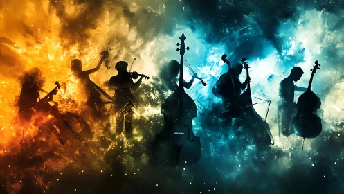 Silhouetted string ensemble within divided color nebula.