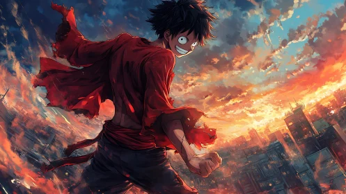 Red-clad anime fighter over burning sunset cityscape.