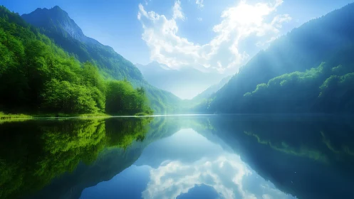 Mountain lake mirror reflection under bright morning light.