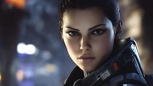 Female space soldier stares forward in detailed close-up
