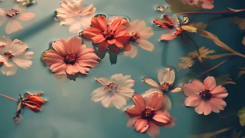 Floating Cosmos Flowers on Turquoise Water Surface