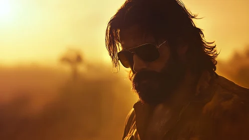 Bearded man in sunglasses against warm sunset light.