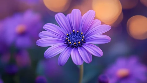 Purple Daisy Bloom with Golden Center in Soft Focus.