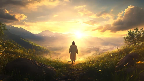 Figure walks toward glowing sunrise over mountain valley.