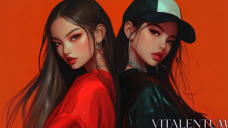 Dual portrait of stylized urban twins on saturated orange field.