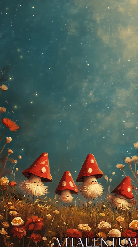 Mushroom characters stand in grassy field under starry sky