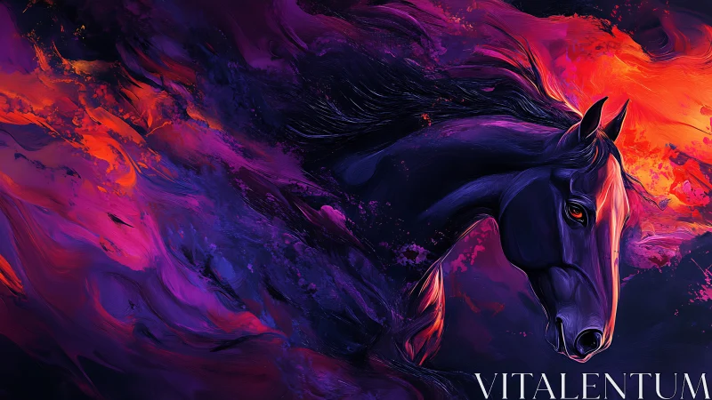 Horse head emerges from abstract purple and orange flames