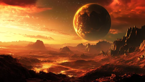 Warm alien horizon glowing under a massive molten planet.