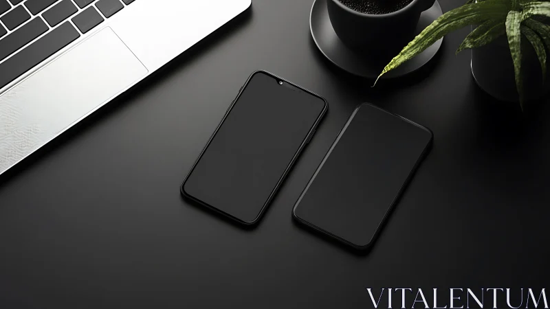 Minimal workspace with dual smartphones and laptop on black
